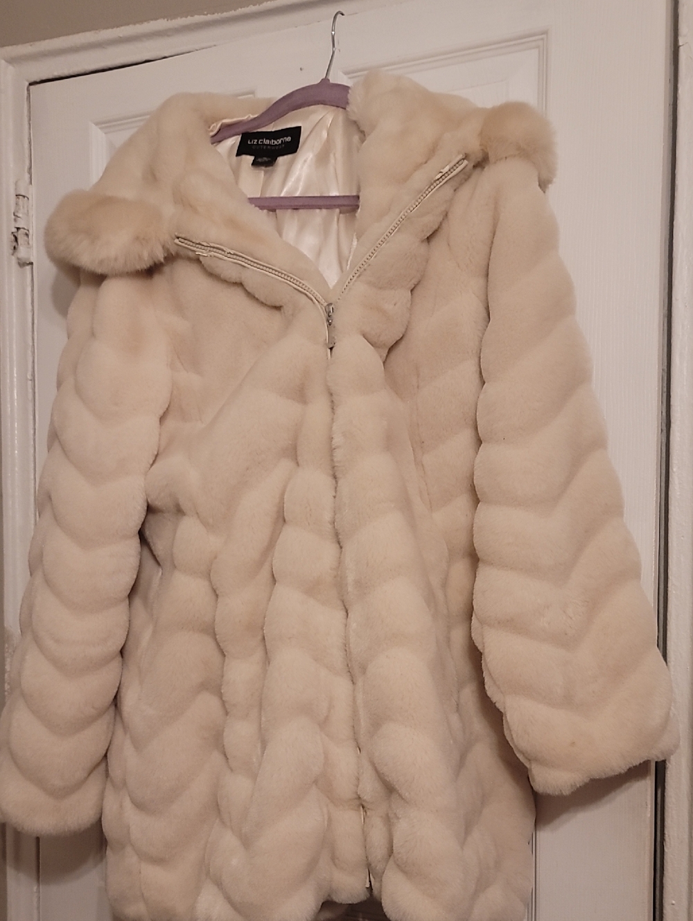 Liz Claiborne Cream Faux Fur Hooded Coat